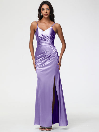 Tahiti Color Bridesmaid Dress Spaghetti Straps V-Neck Sleeveless Pleats Zipper Stretch Satin Bridesmaid Dresses With Split