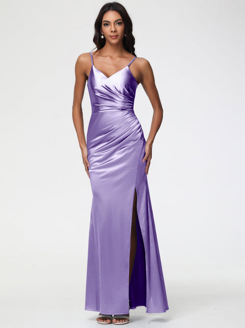 Tahiti Color Bridesmaid Dress Spaghetti Straps V-Neck Sleeveless Pleats Zipper Stretch Satin Bridesmaid Dresses With Split