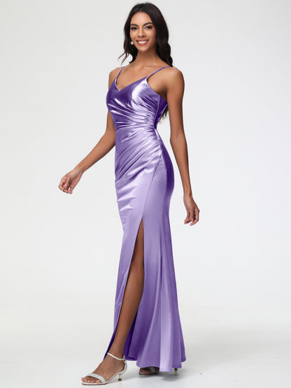 Tahiti Color Bridesmaid Dress Spaghetti Straps V-Neck Sleeveless Pleats Zipper Stretch Satin Bridesmaid Dresses With Split