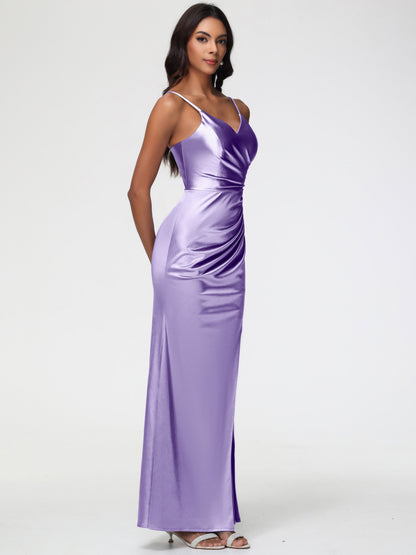Tahiti Color Bridesmaid Dress Spaghetti Straps V-Neck Sleeveless Pleats Zipper Stretch Satin Bridesmaid Dresses With Split