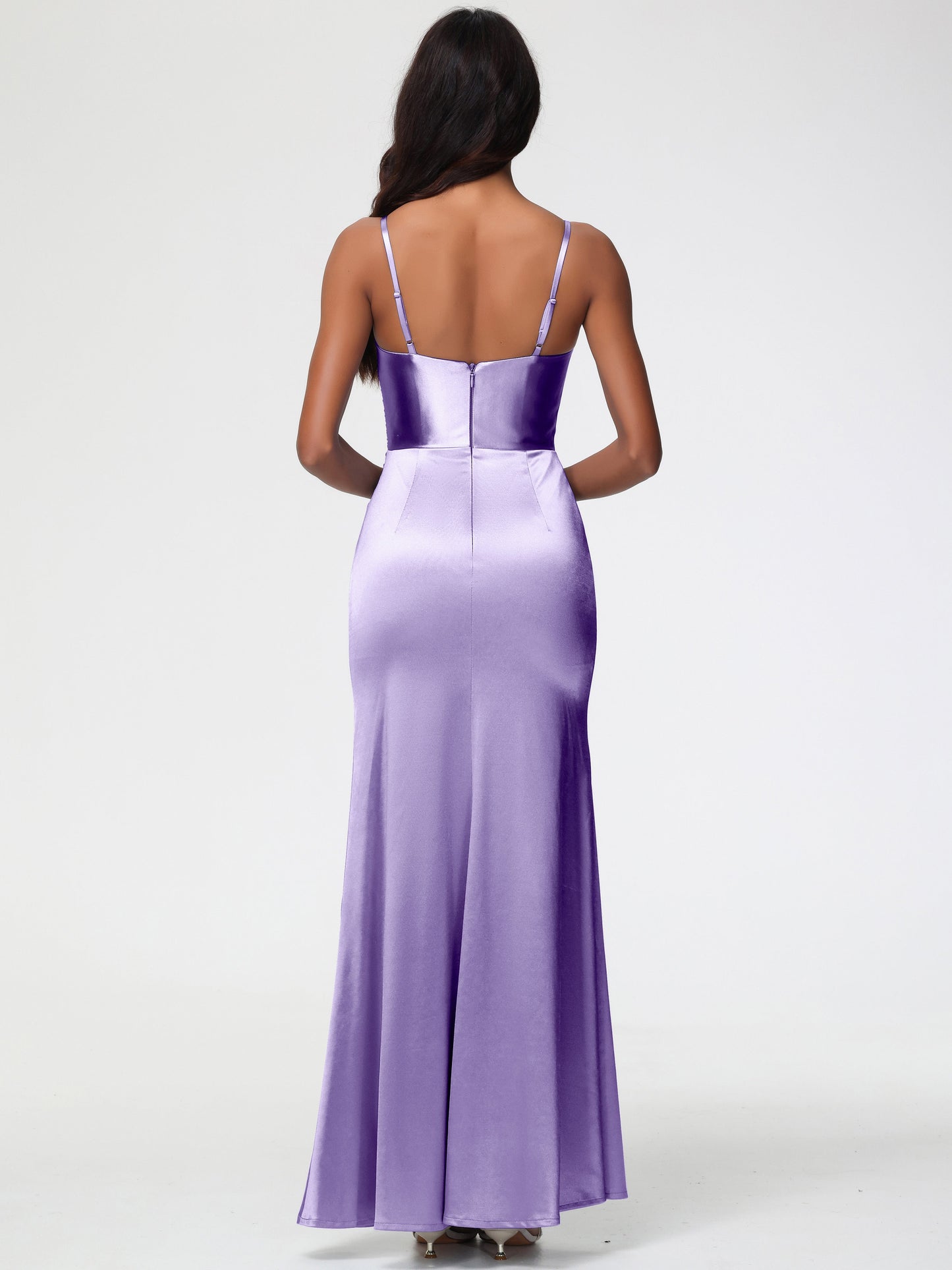 Tahiti Color Bridesmaid Dress Spaghetti Straps V-Neck Sleeveless Pleats Zipper Stretch Satin Bridesmaid Dresses With Split