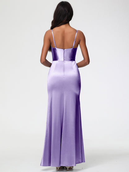 Tahiti Color Bridesmaid Dress Spaghetti Straps V-Neck Sleeveless Pleats Zipper Stretch Satin Bridesmaid Dresses With Split