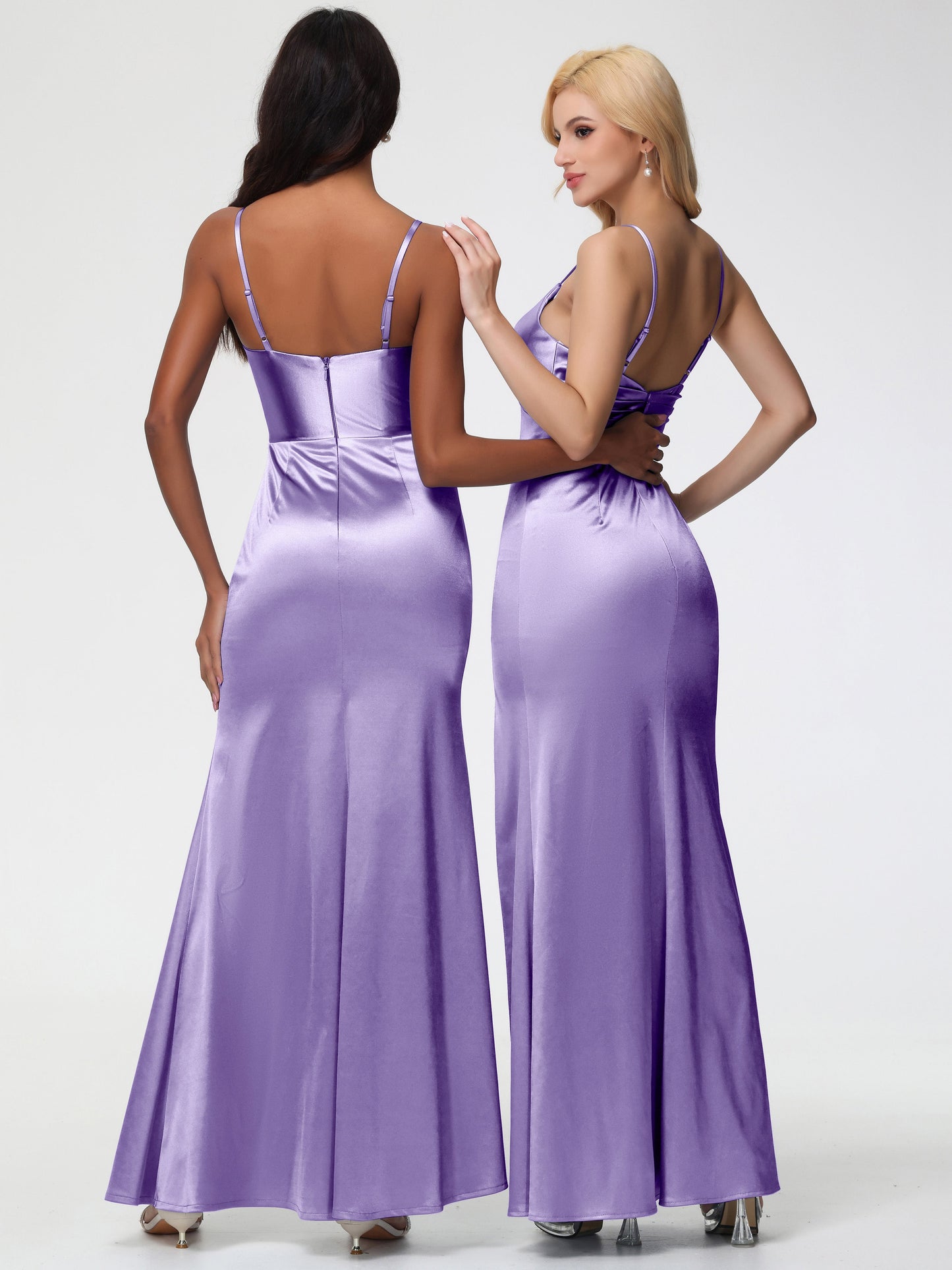 Tahiti Color Bridesmaid Dress Spaghetti Straps V-Neck Sleeveless Pleats Zipper Stretch Satin Bridesmaid Dresses With Split