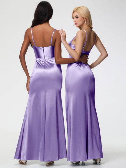 Tahiti Color Bridesmaid Dress Spaghetti Straps V-Neck Sleeveless Pleats Zipper Stretch Satin Bridesmaid Dresses With Split