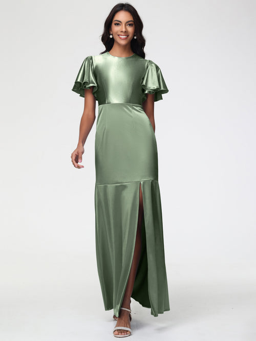 Wedding Dusty Sage Green Bridesmaid Dresses Short Sleeves Trumpet/Mermaid Zipper Split Long Stretch Satin Bridesmaid Dresses
