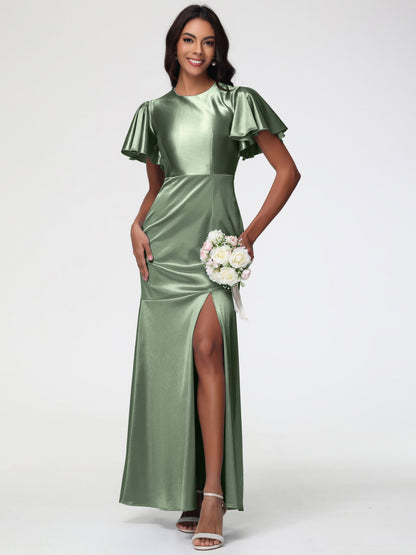 Wedding Dusty Sage Green Bridesmaid Dresses Short Sleeves Trumpet/Mermaid Zipper Split Long Stretch Satin Bridesmaid Dresses