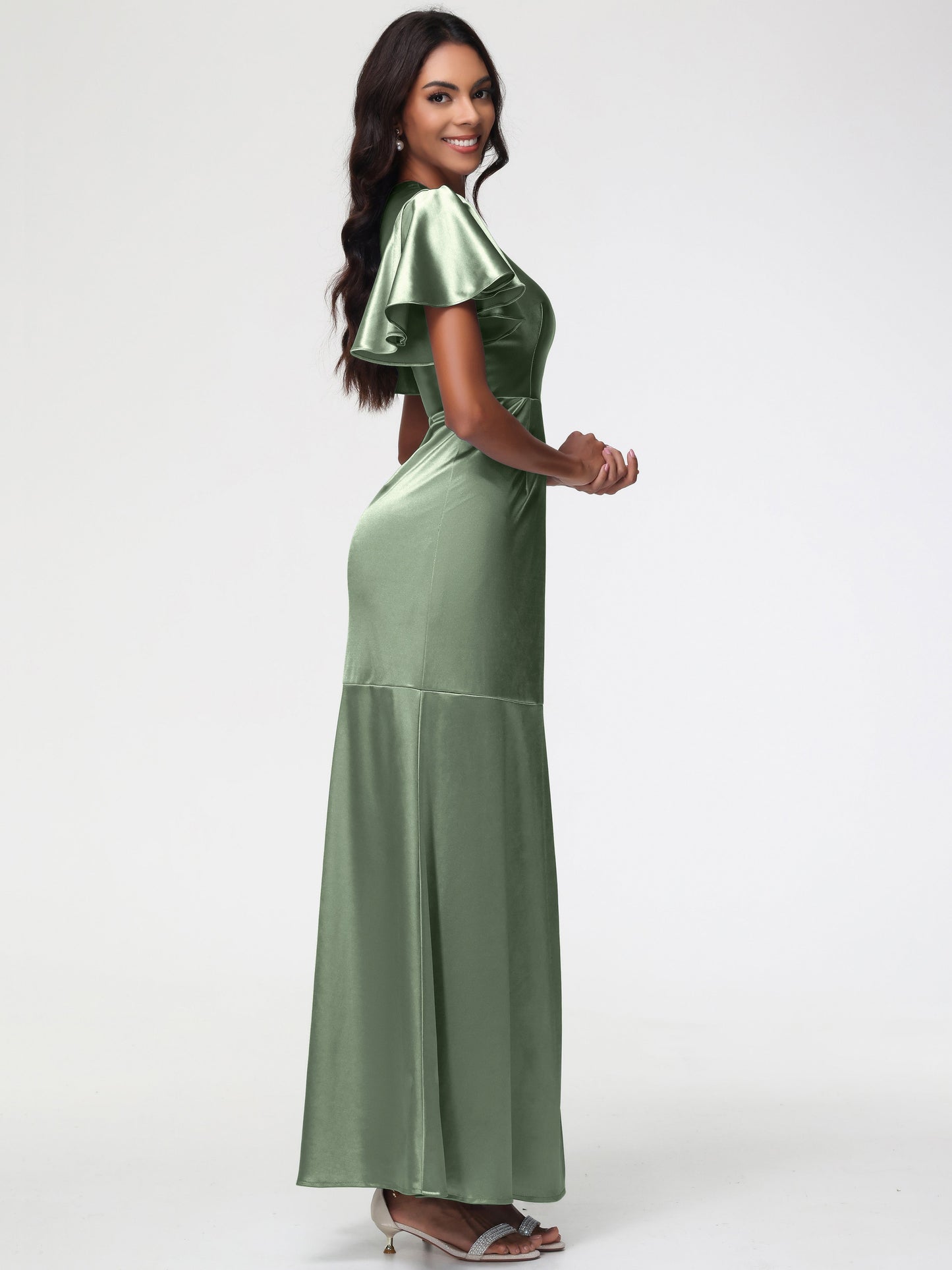 Wedding Dusty Sage Green Bridesmaid Dresses Short Sleeves Trumpet/Mermaid Zipper Split Long Stretch Satin Bridesmaid Dresses