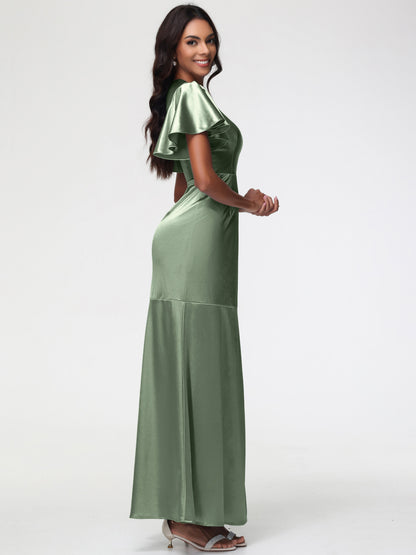 Wedding Dusty Sage Green Bridesmaid Dresses Short Sleeves Trumpet/Mermaid Zipper Split Long Stretch Satin Bridesmaid Dresses
