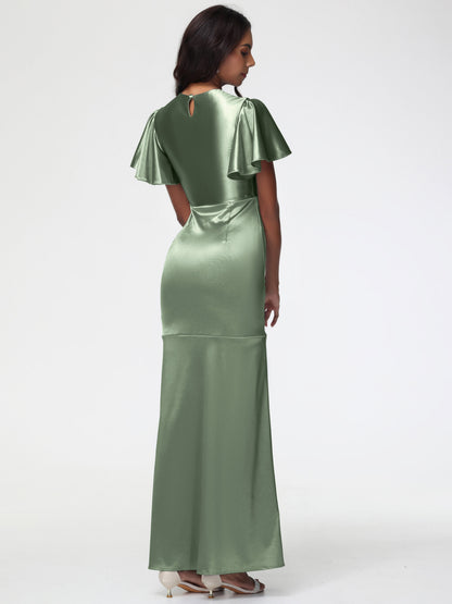 Wedding Dusty Sage Green Bridesmaid Dresses Short Sleeves Trumpet/Mermaid Zipper Split Long Stretch Satin Bridesmaid Dresses