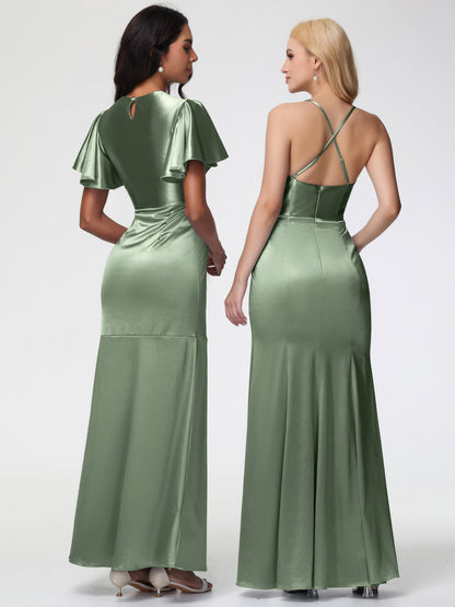 Wedding Dusty Sage Green Bridesmaid Dresses Short Sleeves Trumpet/Mermaid Zipper Split Long Stretch Satin Bridesmaid Dresses