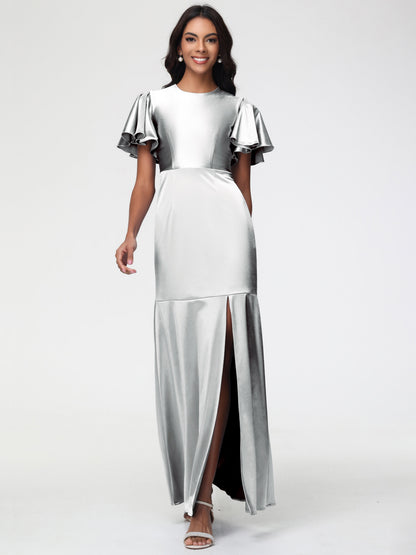 Silver Bridesmaid Dress With Sleeves Short Sleeves Trumpet/Mermaid Zipper Split Long Stretch Satin Bridesmaid Dresses