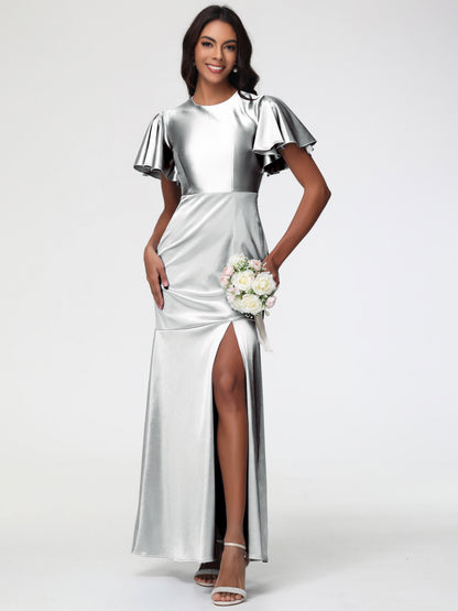 Silver Bridesmaid Dress With Sleeves Short Sleeves Trumpet/Mermaid Zipper Split Long Stretch Satin Bridesmaid Dresses