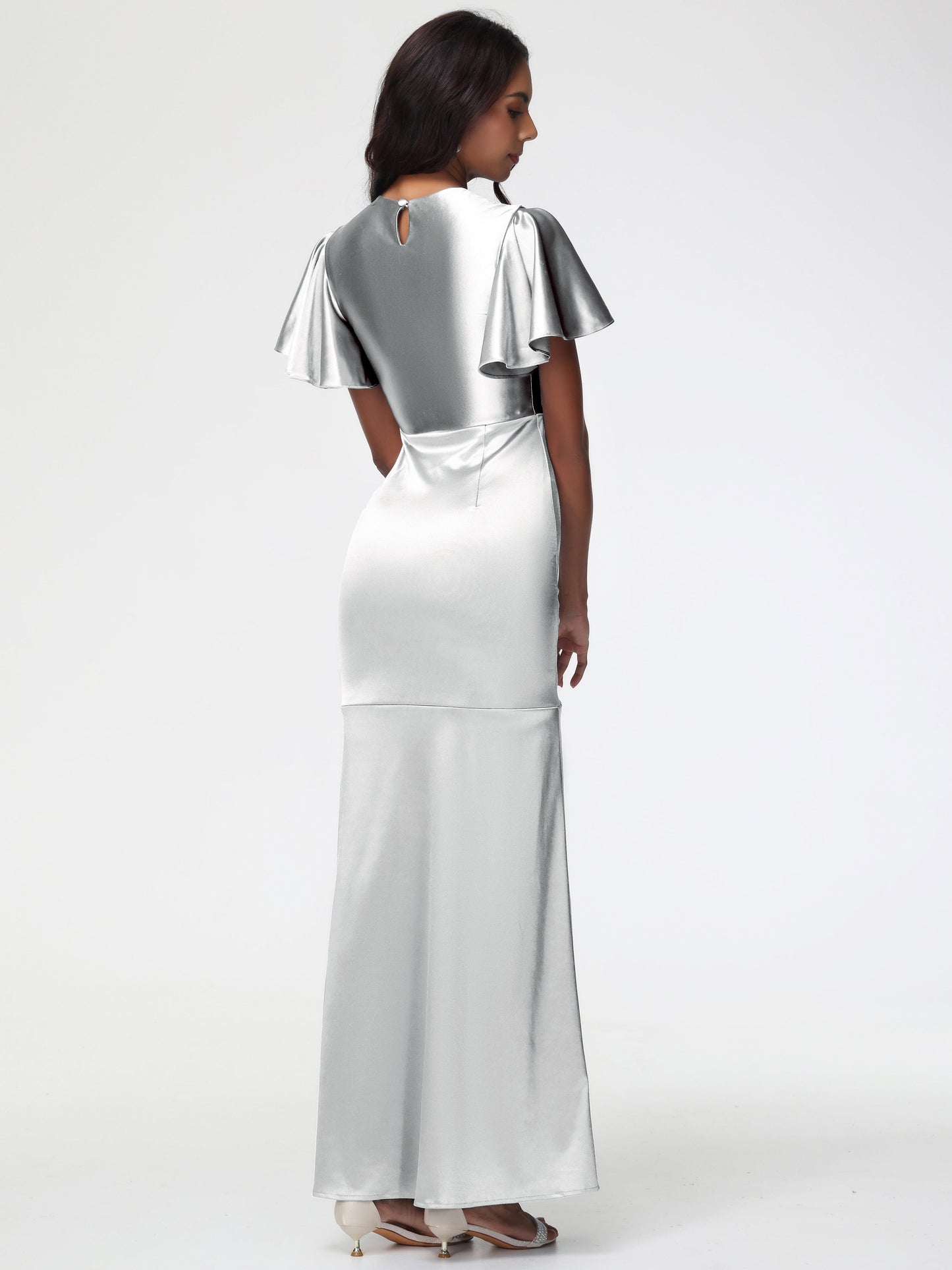 Silver Bridesmaid Dress With Sleeves Short Sleeves Trumpet/Mermaid Zipper Split Long Stretch Satin Bridesmaid Dresses