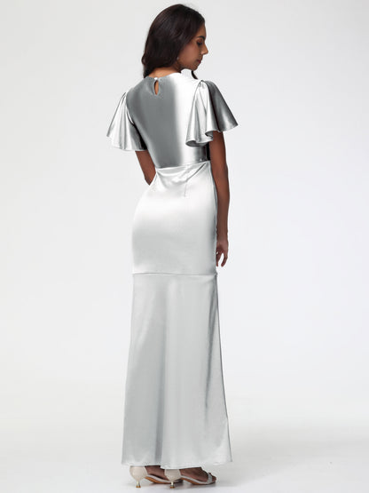 Silver Bridesmaid Dress With Sleeves Short Sleeves Trumpet/Mermaid Zipper Split Long Stretch Satin Bridesmaid Dresses