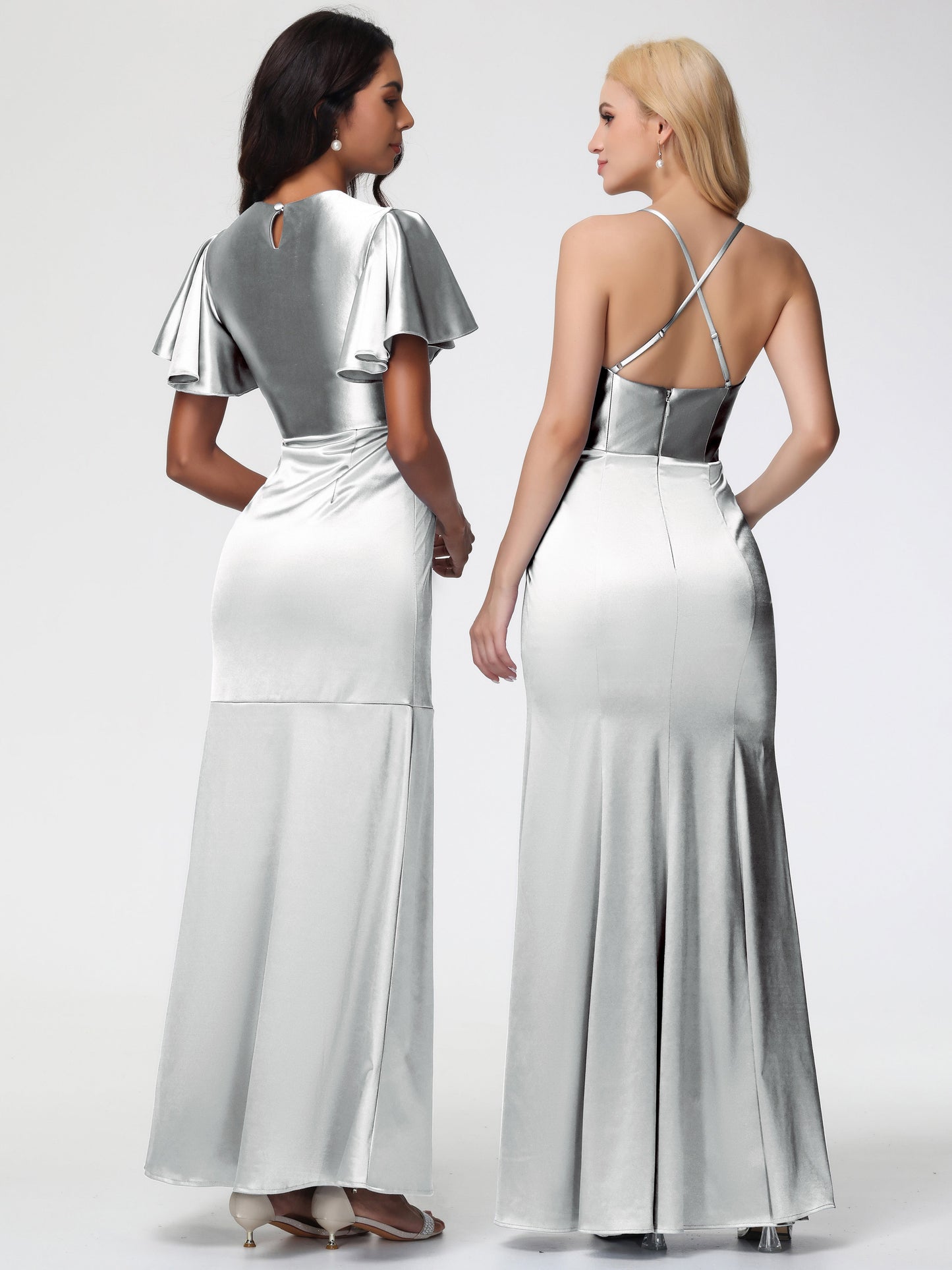 Silver Bridesmaid Dress With Sleeves Short Sleeves Trumpet/Mermaid Zipper Split Long Stretch Satin Bridesmaid Dresses