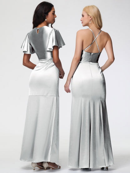 Silver Bridesmaid Dress With Sleeves Short Sleeves Trumpet/Mermaid Zipper Split Long Stretch Satin Bridesmaid Dresses