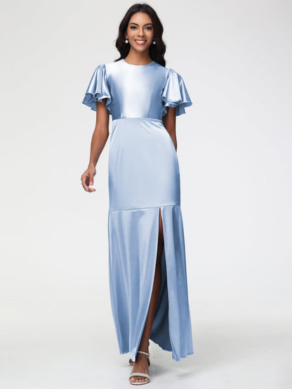 Sky Blue Bridesmaid Short Sleeves Trumpet/Mermaid Zipper Split Long Stretch Satin Bridesmaid Dresses