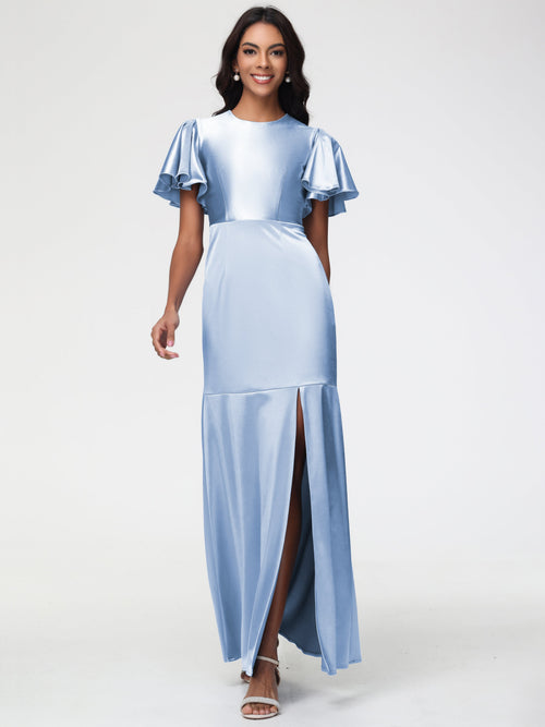 Sky Blue Bridesmaid Short Sleeves Trumpet/Mermaid Zipper Split Long Stretch Satin Bridesmaid Dresses