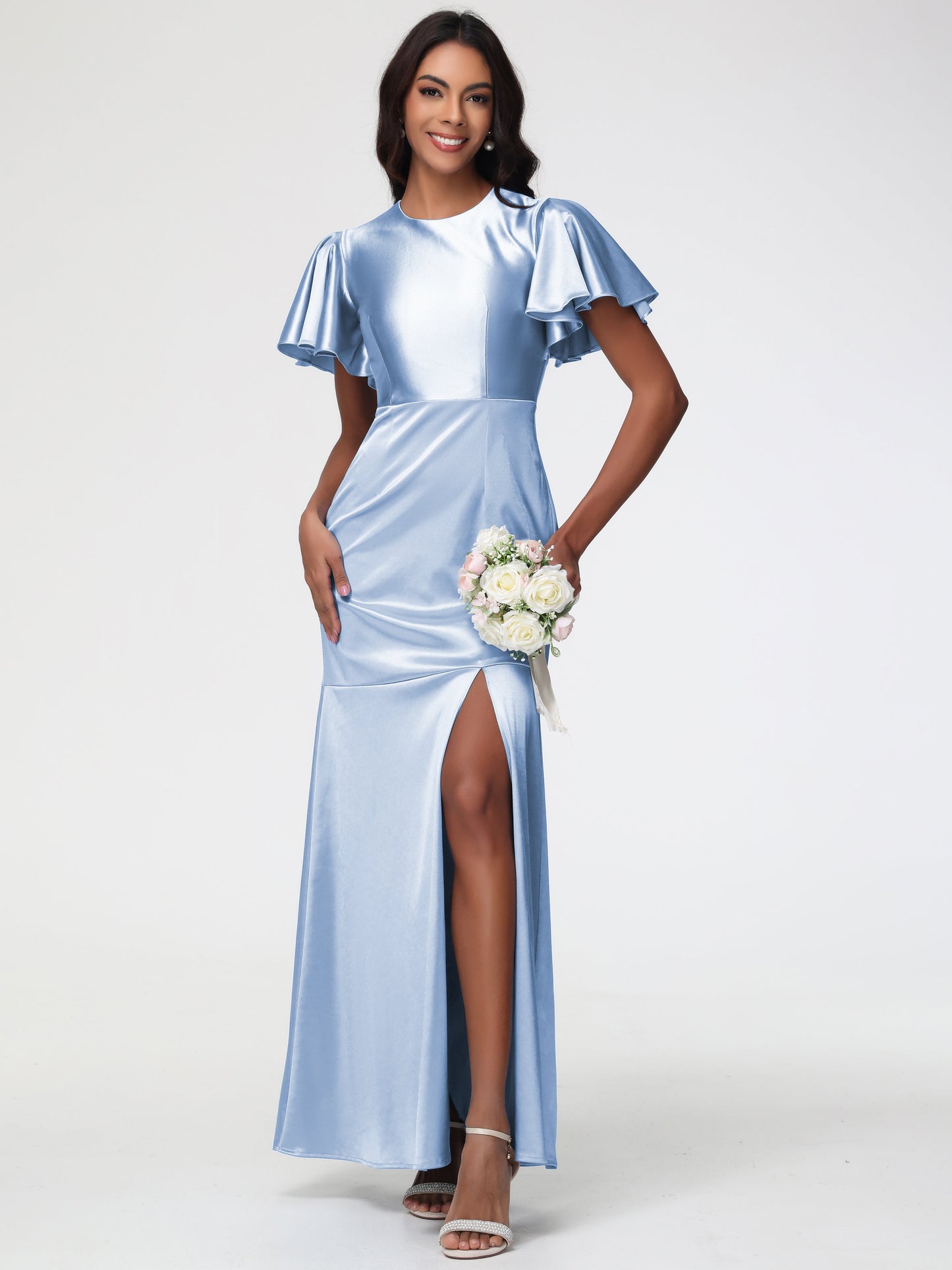 Sky Blue Bridesmaid Short Sleeves Trumpet/Mermaid Zipper Split Long Stretch Satin Bridesmaid Dresses