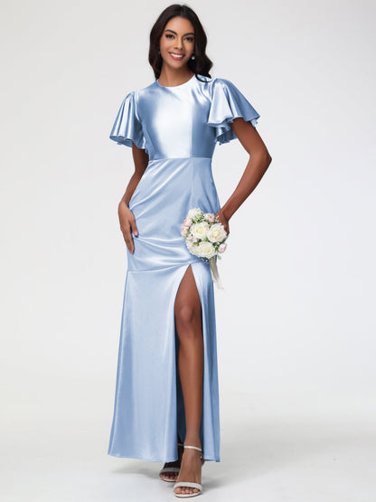 Sky Blue Bridesmaid Short Sleeves Trumpet/Mermaid Zipper Split Long Stretch Satin Bridesmaid Dresses