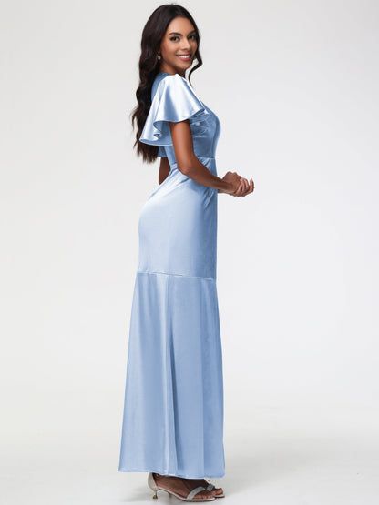 Sky Blue Bridesmaid Short Sleeves Trumpet/Mermaid Zipper Split Long Stretch Satin Bridesmaid Dresses