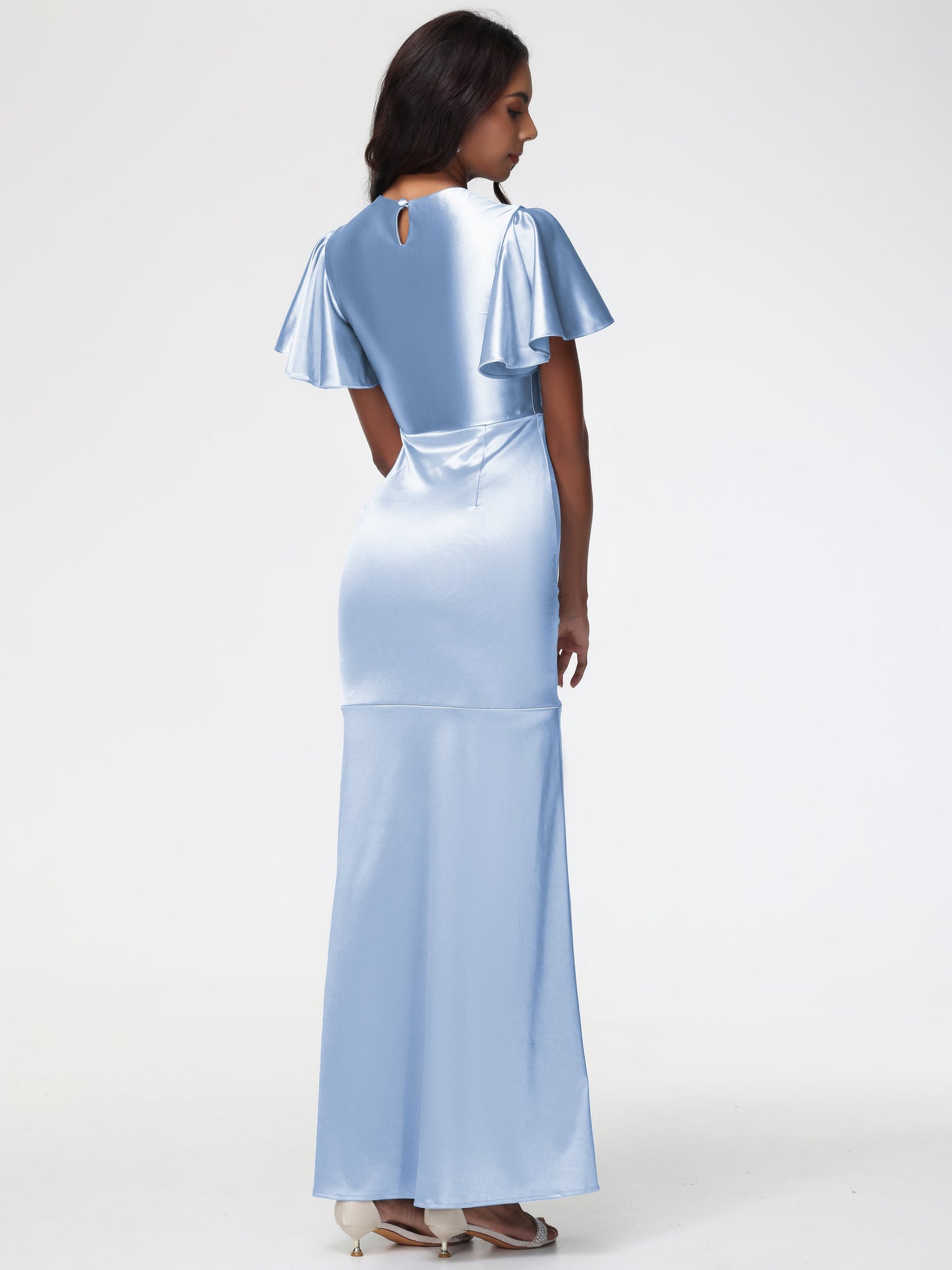 Sky Blue Bridesmaid Short Sleeves Trumpet/Mermaid Zipper Split Long Stretch Satin Bridesmaid Dresses