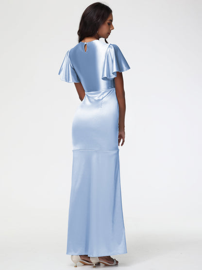 Sky Blue Bridesmaid Short Sleeves Trumpet/Mermaid Zipper Split Long Stretch Satin Bridesmaid Dresses