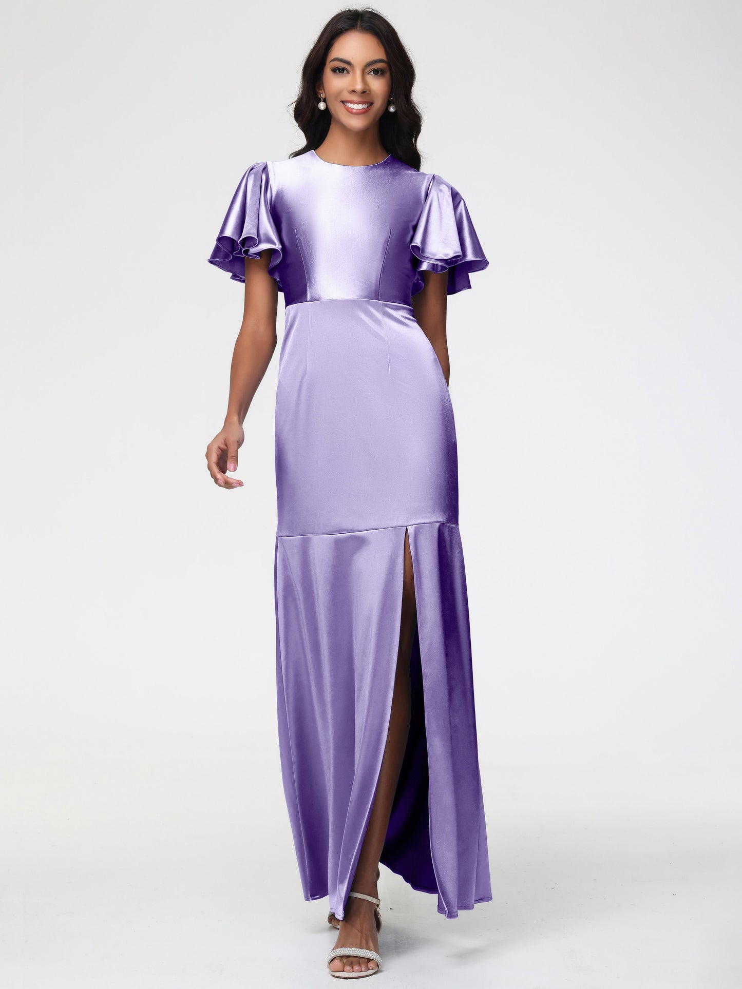Tahiti Bridesmaid Dress Short Sleeves Trumpet/Mermaid Zipper Split Long Stretch Satin Bridesmaid Dresses