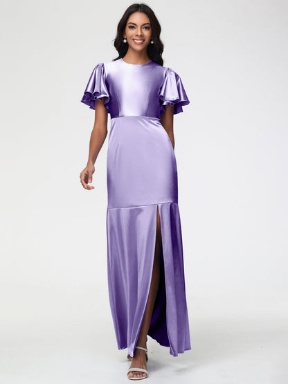 Tahiti Bridesmaid Dress Short Sleeves Trumpet/Mermaid Zipper Split Long Stretch Satin Bridesmaid Dresses