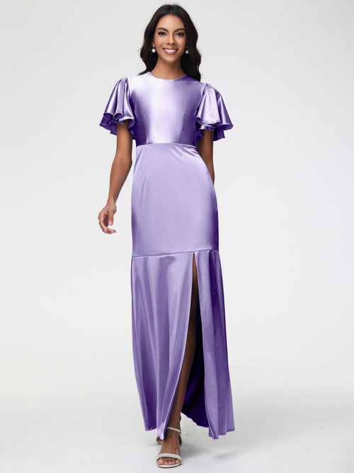 Tahiti Bridesmaid Dress Short Sleeves Trumpet/Mermaid Zipper Split Long Stretch Satin Bridesmaid Dresses