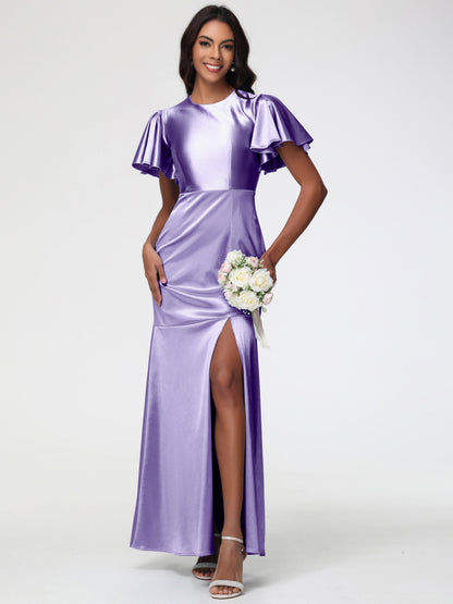 Tahiti Bridesmaid Dress Short Sleeves Trumpet/Mermaid Zipper Split Long Stretch Satin Bridesmaid Dresses