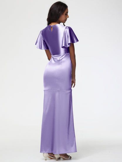 Tahiti Bridesmaid Dress Short Sleeves Trumpet/Mermaid Zipper Split Long Stretch Satin Bridesmaid Dresses