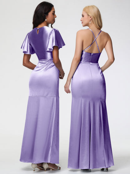 Tahiti Bridesmaid Dress Short Sleeves Trumpet/Mermaid Zipper Split Long Stretch Satin Bridesmaid Dresses