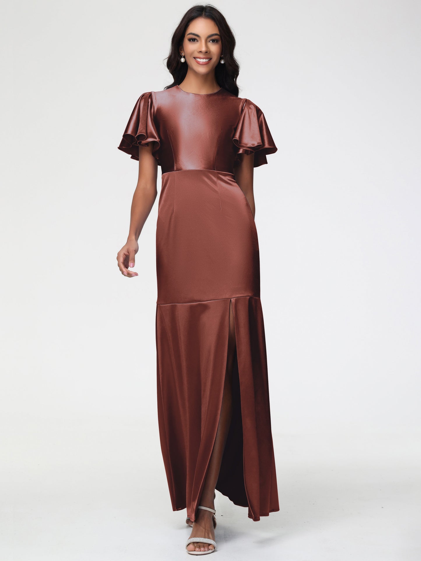 Terracotta Bridesmaid Dresses With Sleeves Short Sleeves Trumpet/Mermaid Zipper Split Long Stretch Satin Bridesmaid Dresses