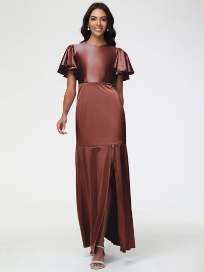 Terracotta Bridesmaid Dresses With Sleeves Short Sleeves Trumpet/Mermaid Zipper Split Long Stretch Satin Bridesmaid Dresses