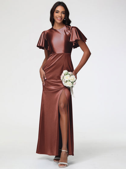 Terracotta Bridesmaid Dresses With Sleeves Short Sleeves Trumpet/Mermaid Zipper Split Long Stretch Satin Bridesmaid Dresses