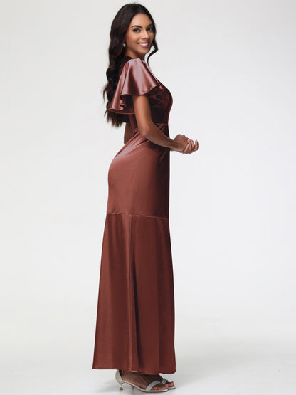 Terracotta Bridesmaid Dresses With Sleeves Short Sleeves Trumpet/Mermaid Zipper Split Long Stretch Satin Bridesmaid Dresses