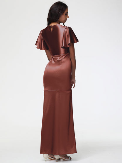 Terracotta Bridesmaid Dresses With Sleeves Short Sleeves Trumpet/Mermaid Zipper Split Long Stretch Satin Bridesmaid Dresses