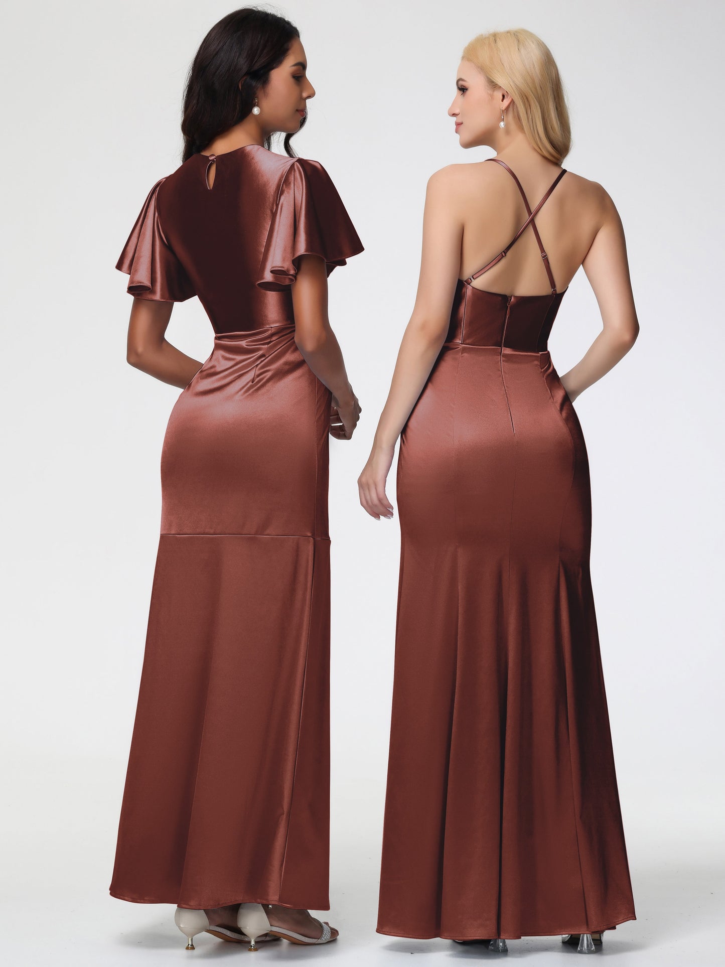 Terracotta Bridesmaid Dresses With Sleeves Short Sleeves Trumpet/Mermaid Zipper Split Long Stretch Satin Bridesmaid Dresses