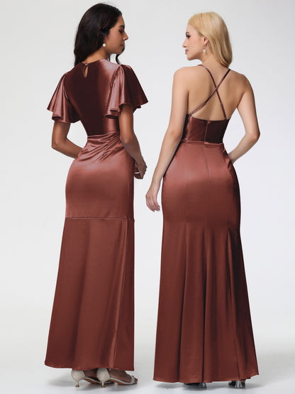 Terracotta Bridesmaid Dresses With Sleeves Short Sleeves Trumpet/Mermaid Zipper Split Long Stretch Satin Bridesmaid Dresses