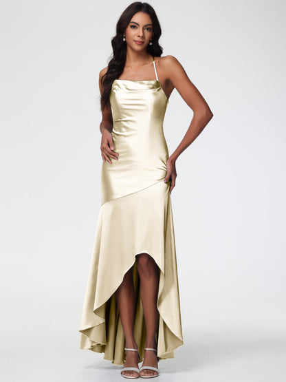 Champagne Gold Bridesmaid Dresses Spaghetti Straps Halter Sleeveless Zipper Long Stretch Satin Bridesmaid Dresses With Split