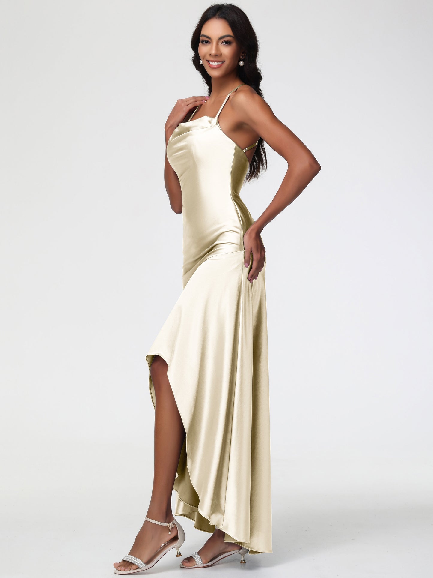 Champagne Gold Bridesmaid Dresses Spaghetti Straps Halter Sleeveless Zipper Long Stretch Satin Bridesmaid Dresses With Split