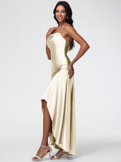 Champagne Gold Bridesmaid Dresses Spaghetti Straps Halter Sleeveless Zipper Long Stretch Satin Bridesmaid Dresses With Split