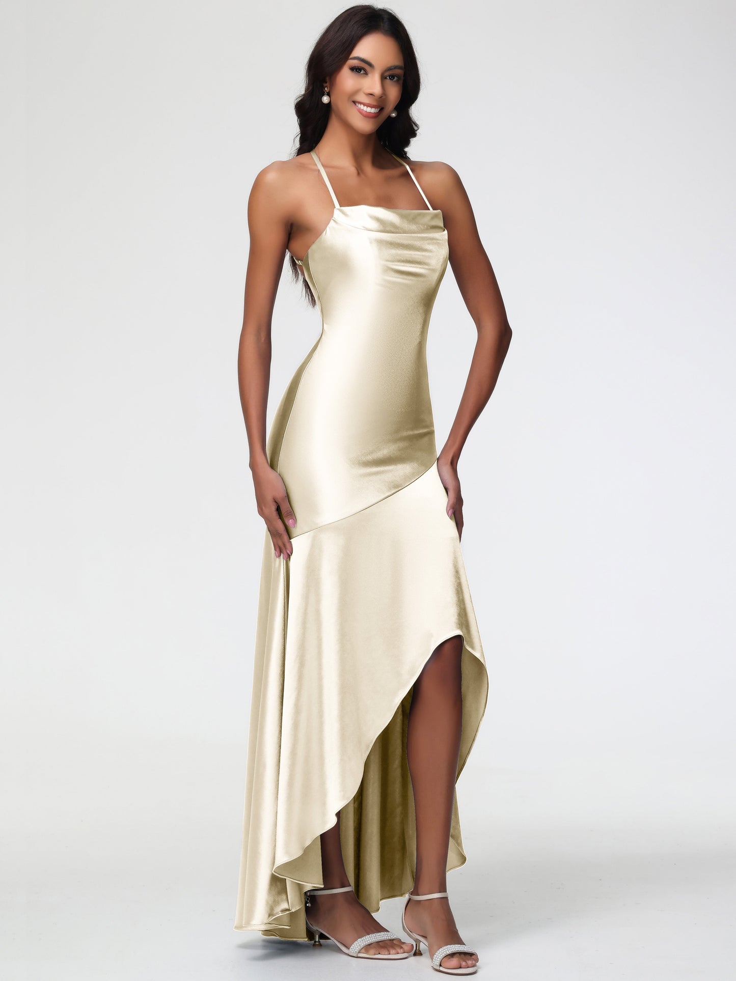 Champagne Gold Bridesmaid Dresses Spaghetti Straps Halter Sleeveless Zipper Long Stretch Satin Bridesmaid Dresses With Split
