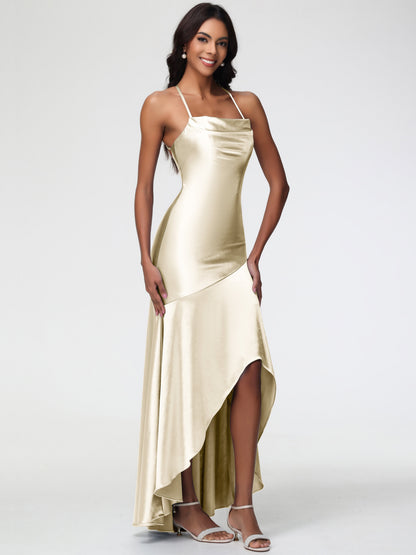 Champagne Gold Bridesmaid Dresses Spaghetti Straps Halter Sleeveless Zipper Long Stretch Satin Bridesmaid Dresses With Split