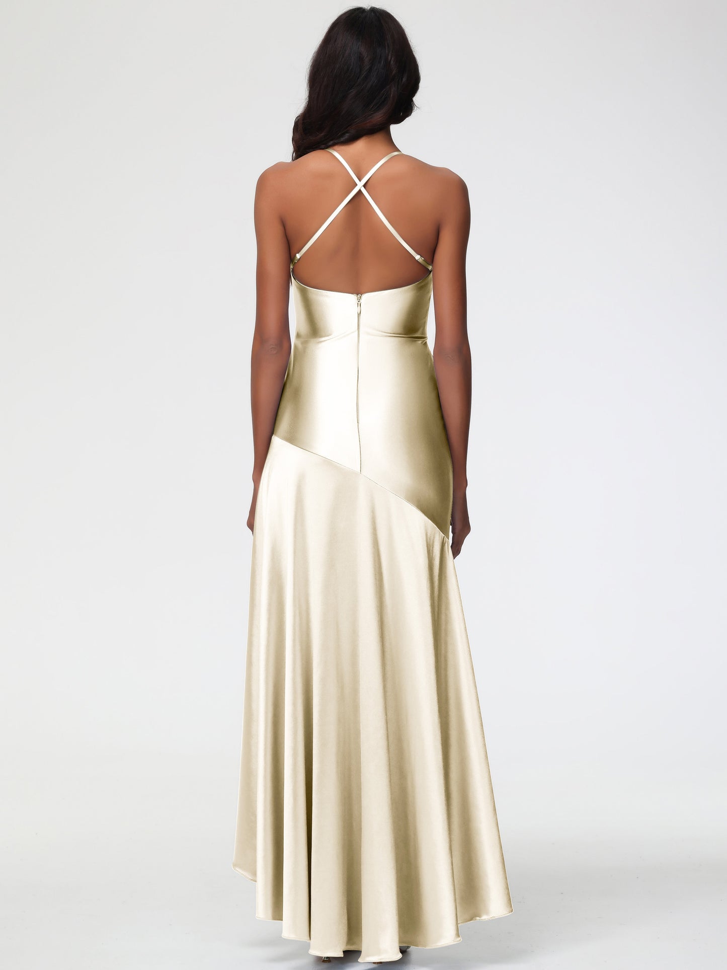 Champagne Gold Bridesmaid Dresses Spaghetti Straps Halter Sleeveless Zipper Long Stretch Satin Bridesmaid Dresses With Split