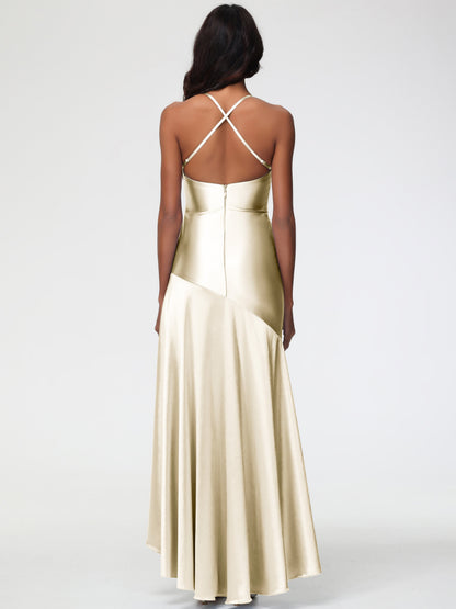 Champagne Gold Bridesmaid Dresses Spaghetti Straps Halter Sleeveless Zipper Long Stretch Satin Bridesmaid Dresses With Split