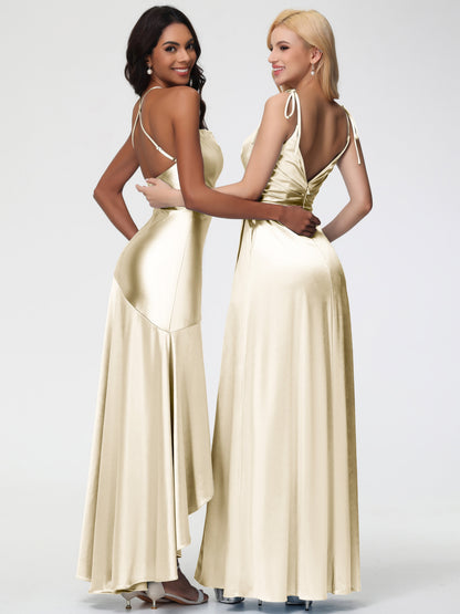 Champagne Gold Bridesmaid Dresses Spaghetti Straps Halter Sleeveless Zipper Long Stretch Satin Bridesmaid Dresses With Split