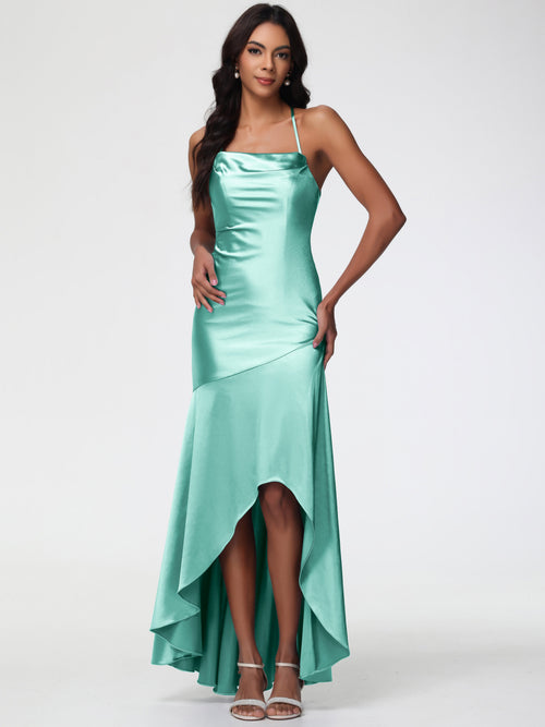 Bridesmaid Mint Green Dress Spaghetti Straps Halter Sleeveless Zipper Long Stretch Satin Bridesmaid Dresses With Split