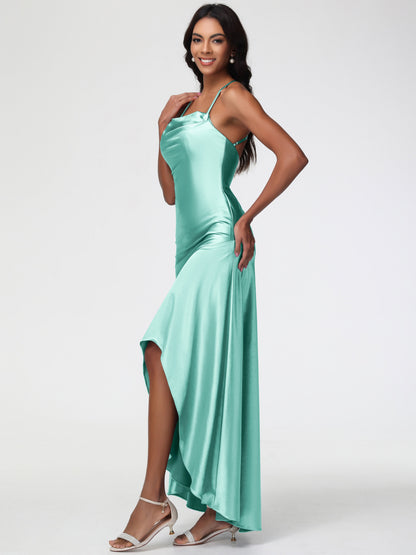 Bridesmaid Mint Green Dress Spaghetti Straps Halter Sleeveless Zipper Long Stretch Satin Bridesmaid Dresses With Split